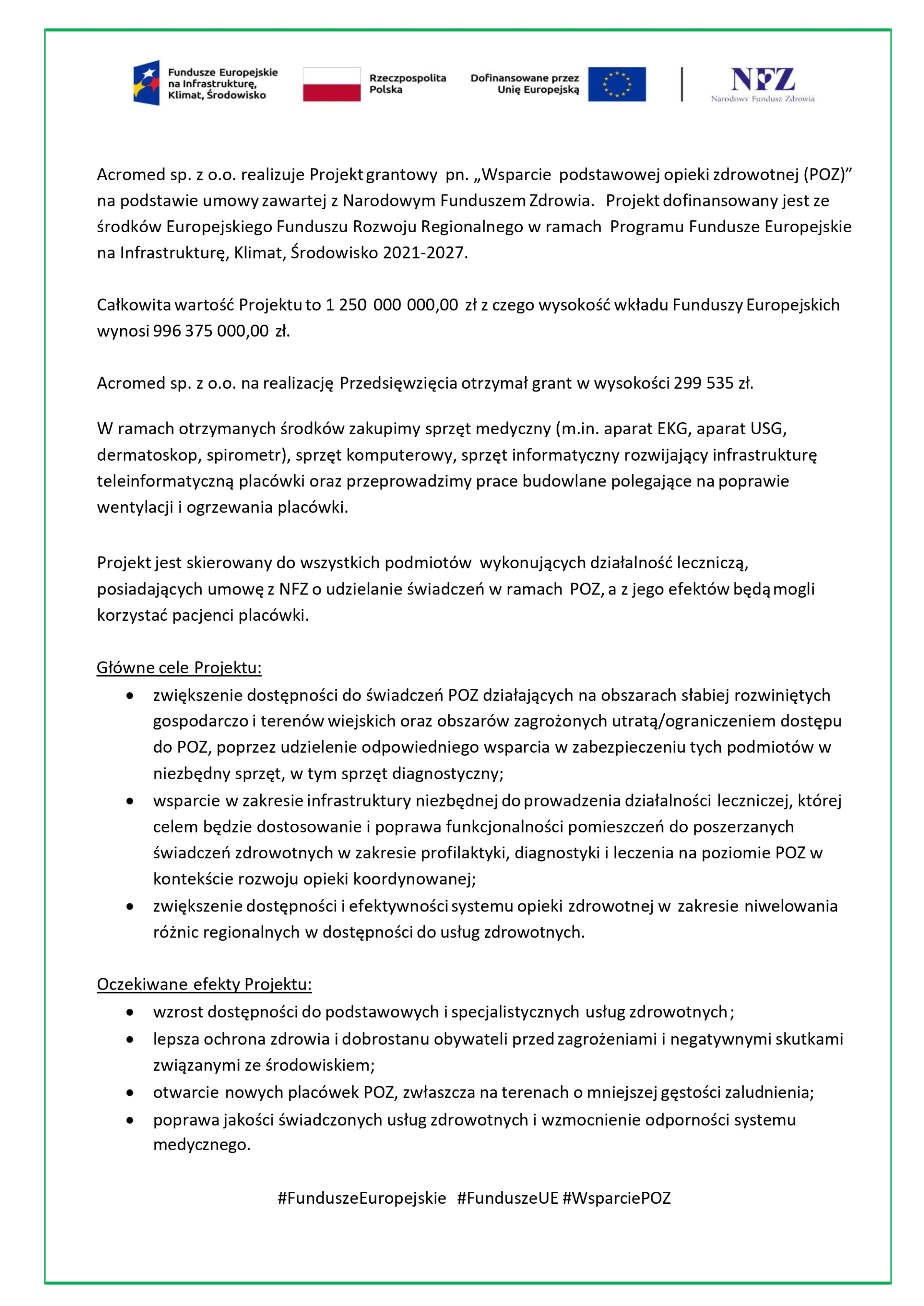 Dokument o dofinansowaniu projektu